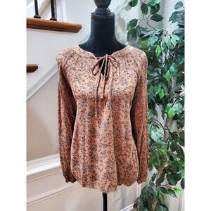 Final Touch Brown Peasant Floral Polyester Long Sleeve Tie-Up Top Blouse Size M